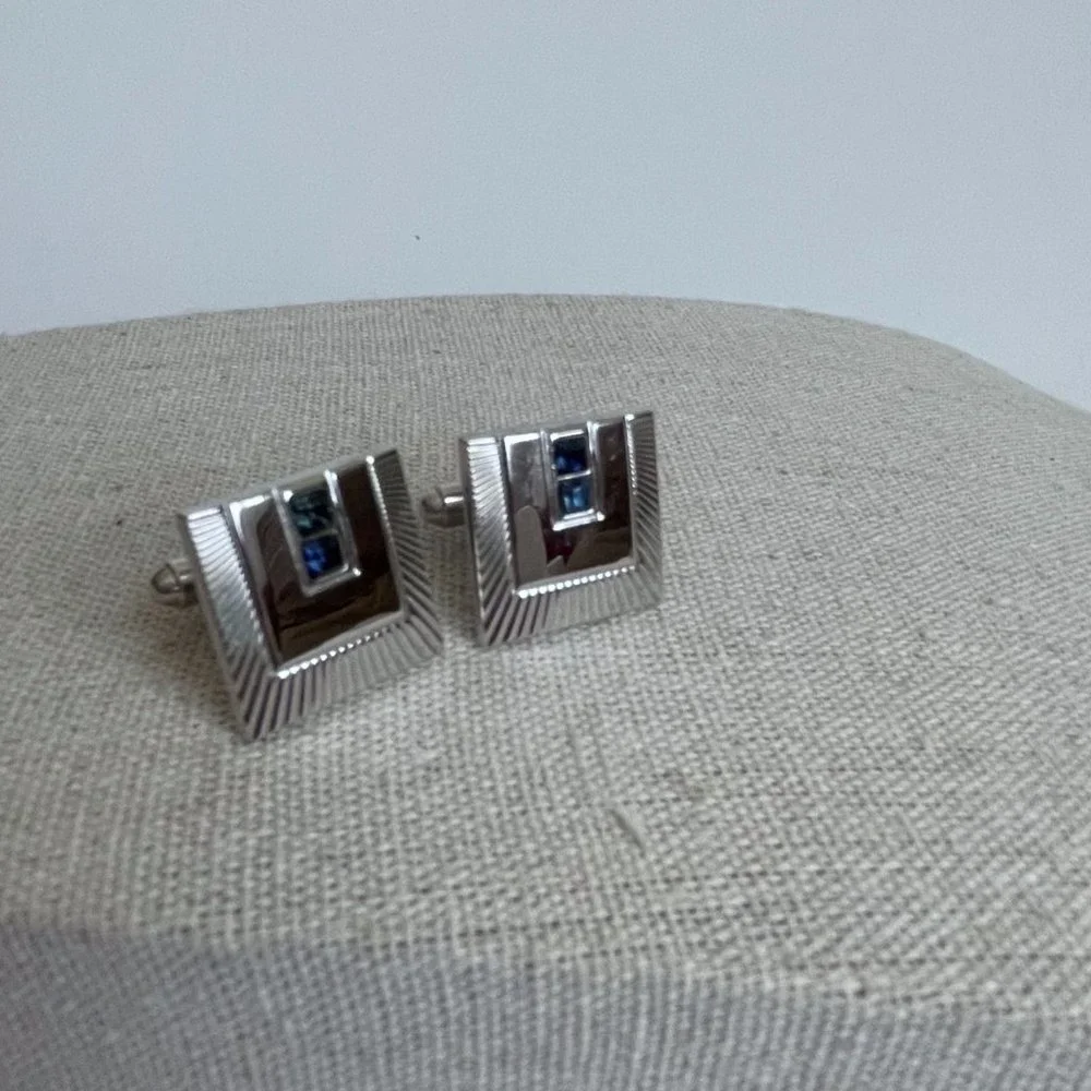 Vintage Shields Signed Silver Tone Blue Rhinestone Cuff Links